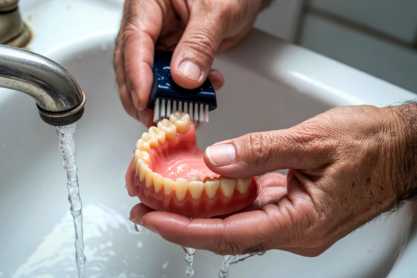 Kivehető fogpótlás, protézis tisztítás közben
